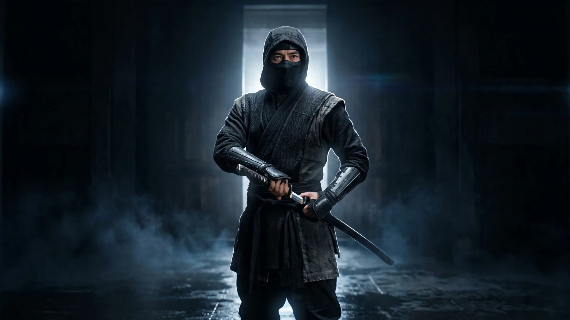 A ninja poised to draw a sword.